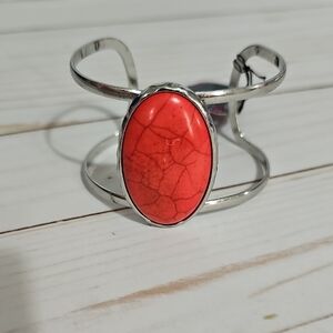 Silver Cuff Bracelet with Red Stone